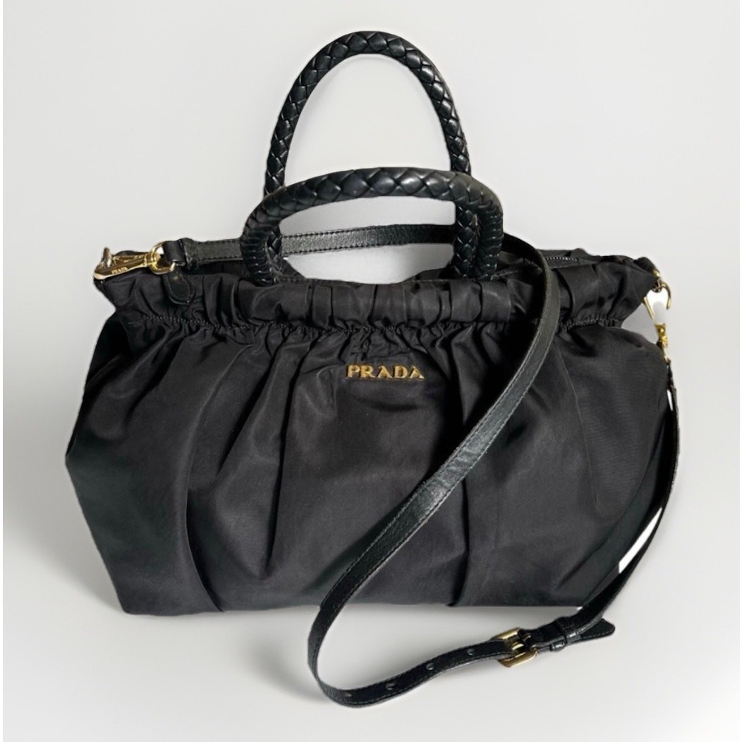 PRADA Authentic Tessuto Gaufre Ruched Nylon Satchel Handbag Black Gold Crossbody