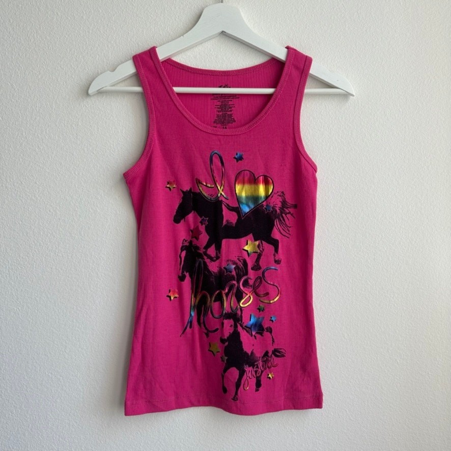 Justice I Love Horses holographic Barbie pink ribbed graphic tank top girls 14
