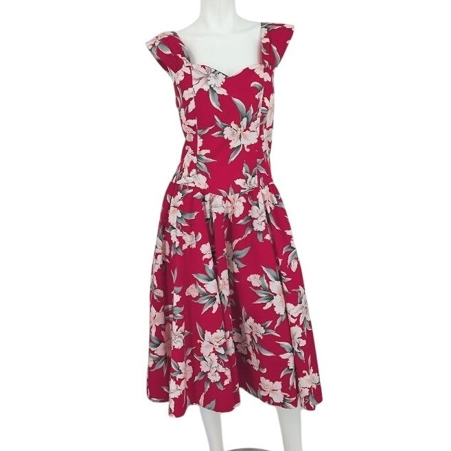 Vtg Royal Creations Floral Midi Dress Drop Waist Sweetheart Smocked Pinup Large