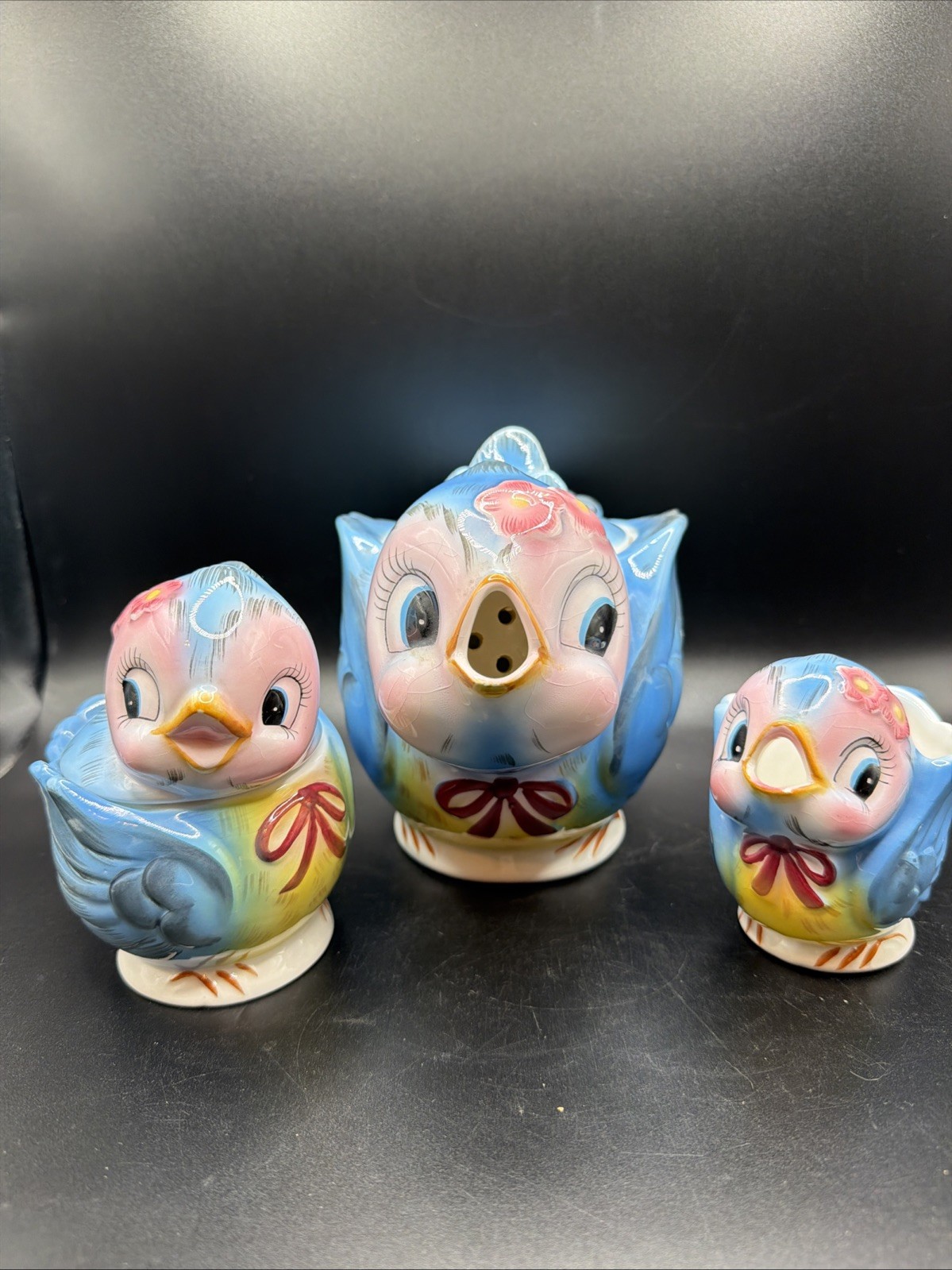 Lefton Bluebird Teapot, Cream & Sugar #290 & #438 Orig. Sticker Anthropomorphic