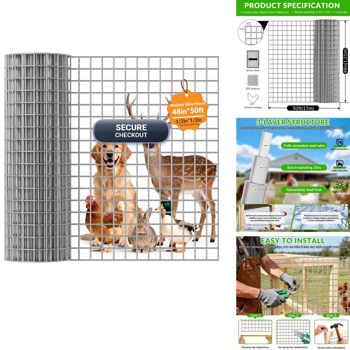 Welded Wire Fence 1/2 in 48 x 50 ft 16 Gauge Hot Dip Galvanized for Poultry Welded Wire Fence 1/2 in 48 x 50 ft 16 Gauge Hot Dip Galvanized for Poultry