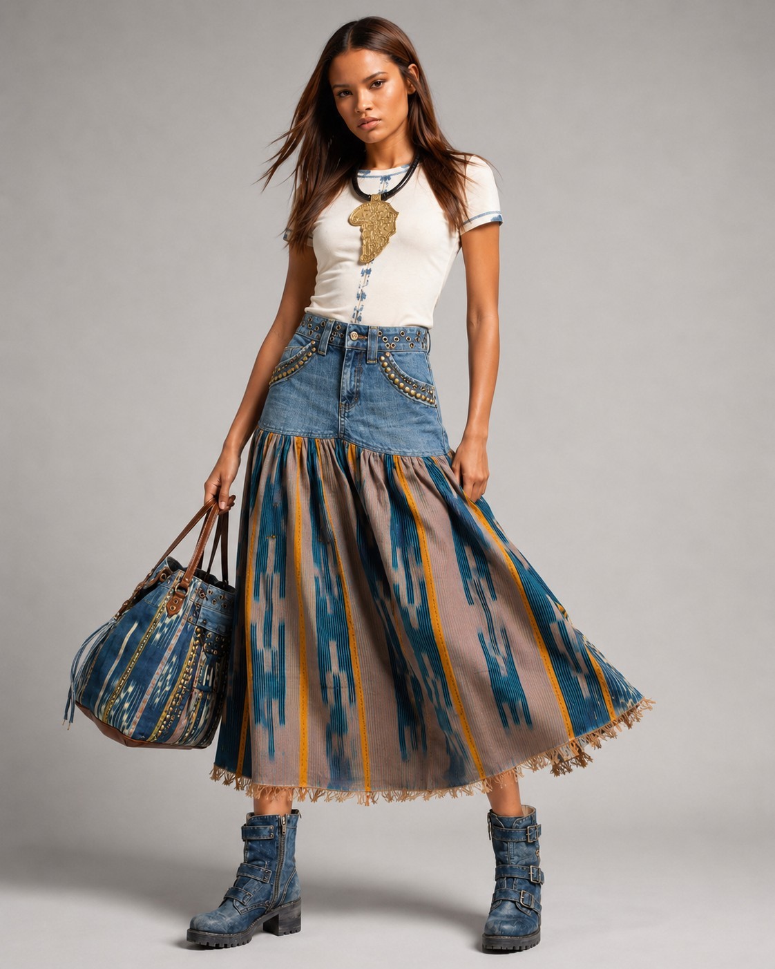 Artsy Upcycled Sz S Denim  MAXI  Skirt ٪