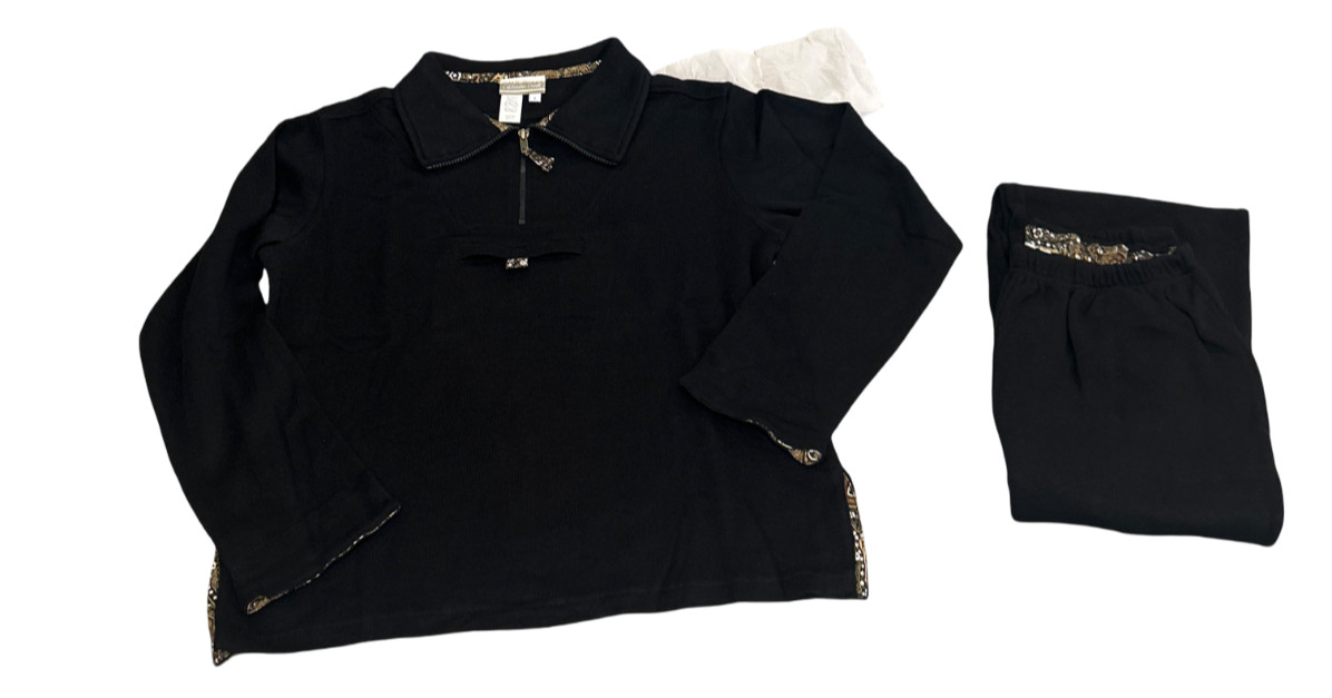 Coldwater Creek Black Paisley Trim Knit Pullover Top and Pants Set Vintage Small
