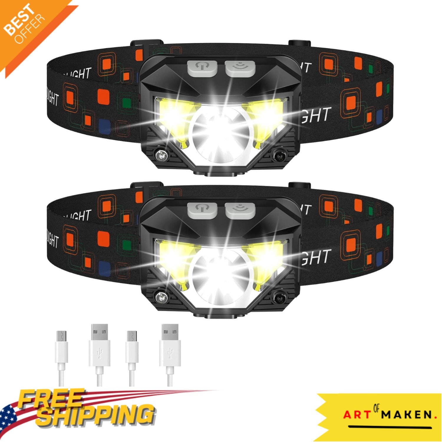 Waterproof LED Headlight with Adjustable 60° Head and 8 Lighting Modes - 2 Pack