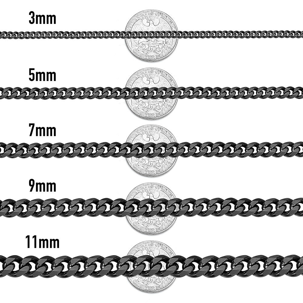 3/5/7/9/11mm Mens Black Stainless Steel Cuban Curb Link Chain Necklace 18-26\