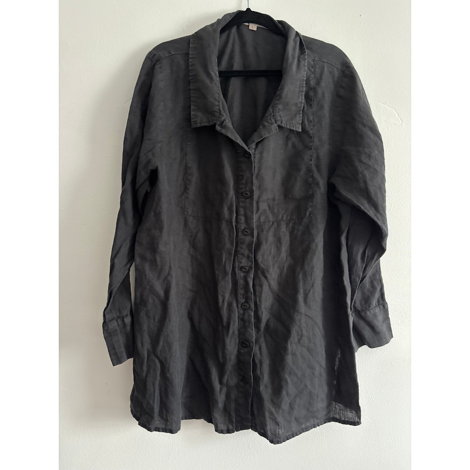 FLAX Women Black 100% Linen Long Sleeve Button Down Tunic Shirt Top LG Lagenlook