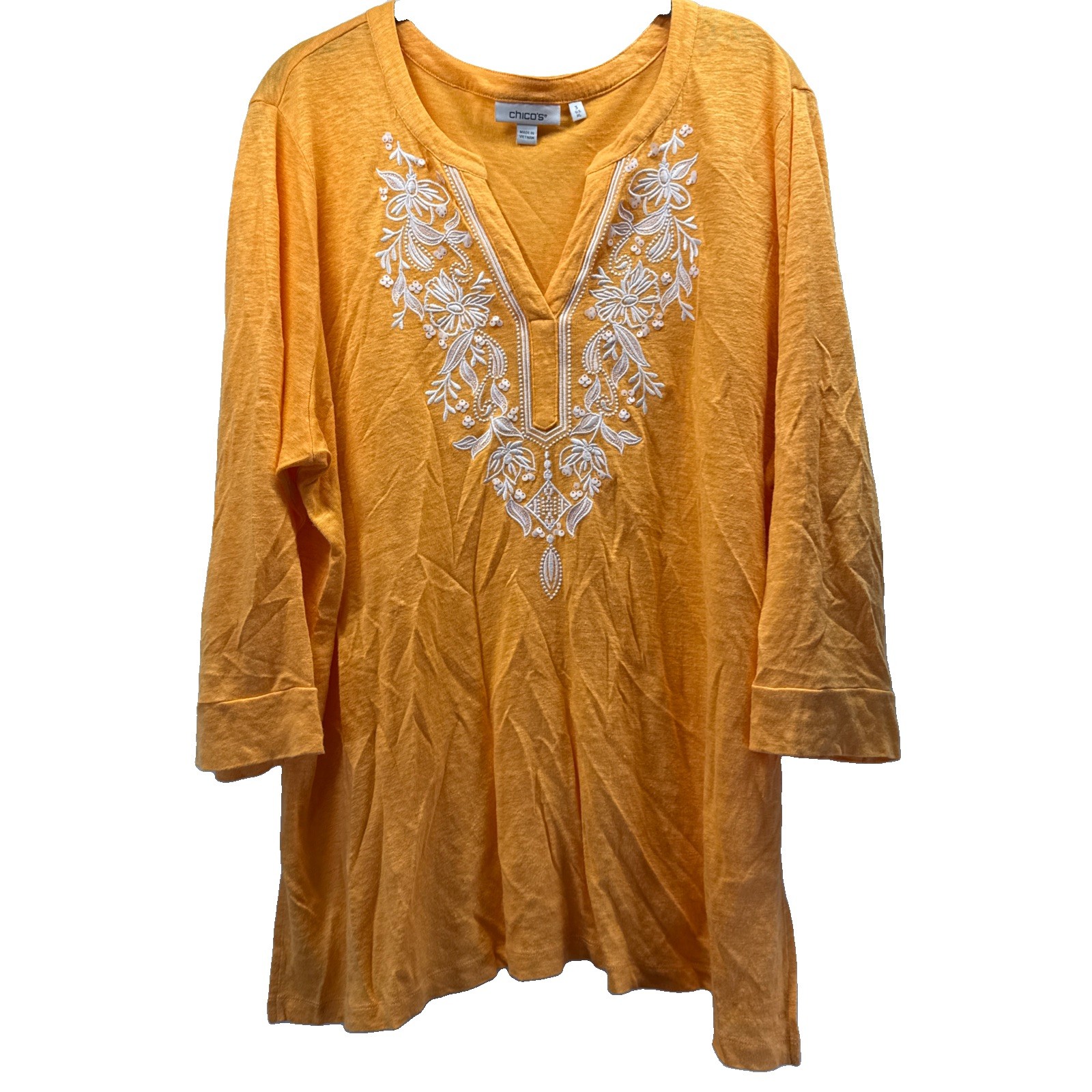 Chicos Women\'s Top Size XL Solid Orange White Embordered Bohemian 100% Linen V