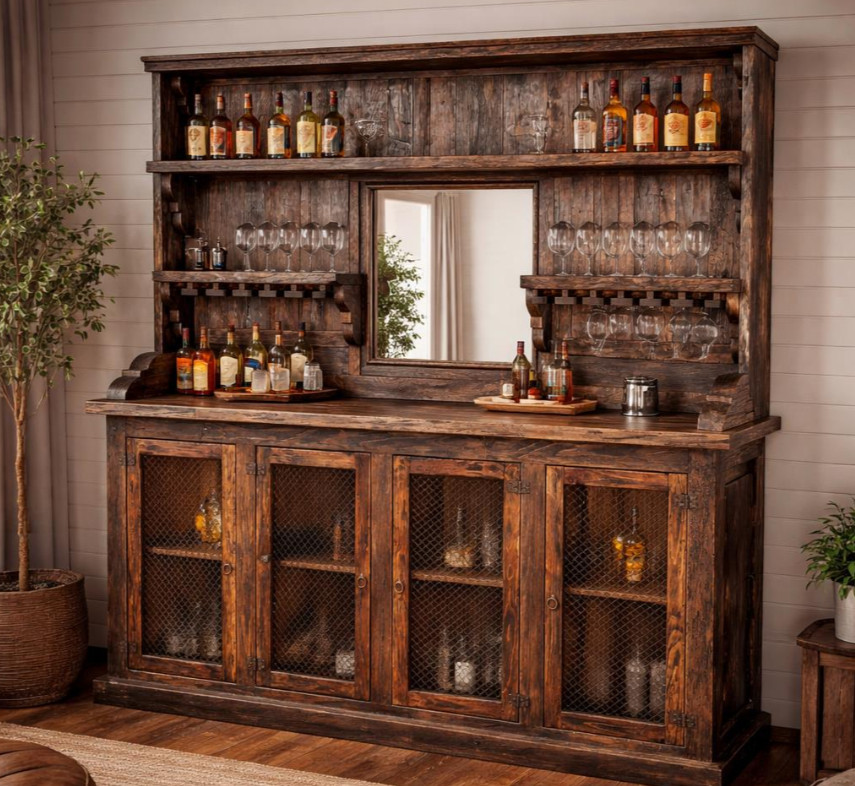 Old West Rustic Bar Hutch with Wine Glass Storage & Display Shelves - Backbar