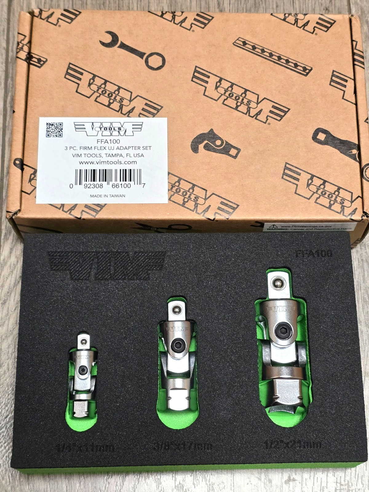 VIM FFA100 3pc Dual Drive Spring Loaded  Firm Flex Universal Joint Adapter Set