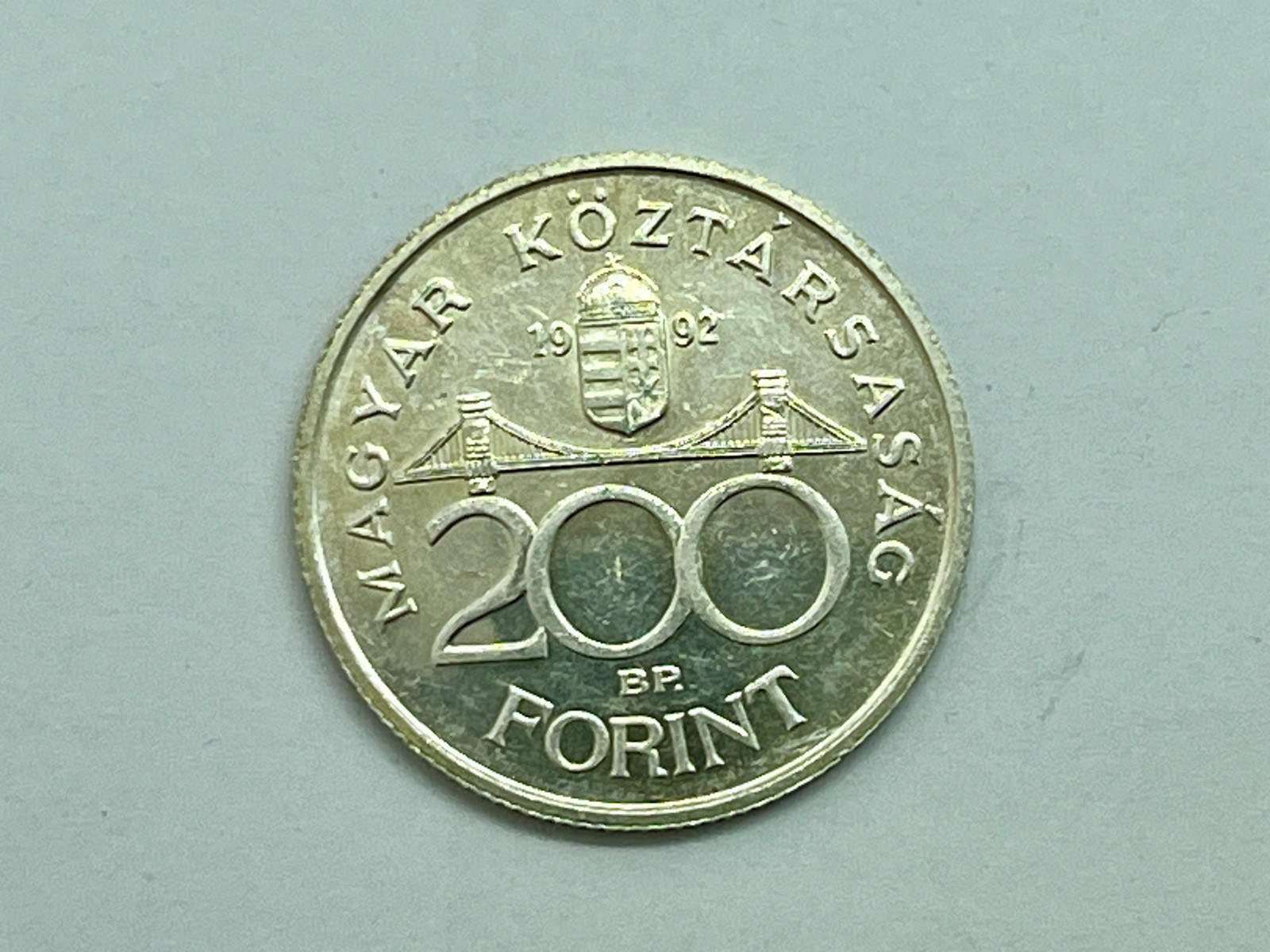 1992 Hungary Silver 200 Forint - Chain Bridge & National Bank - .500 Silver