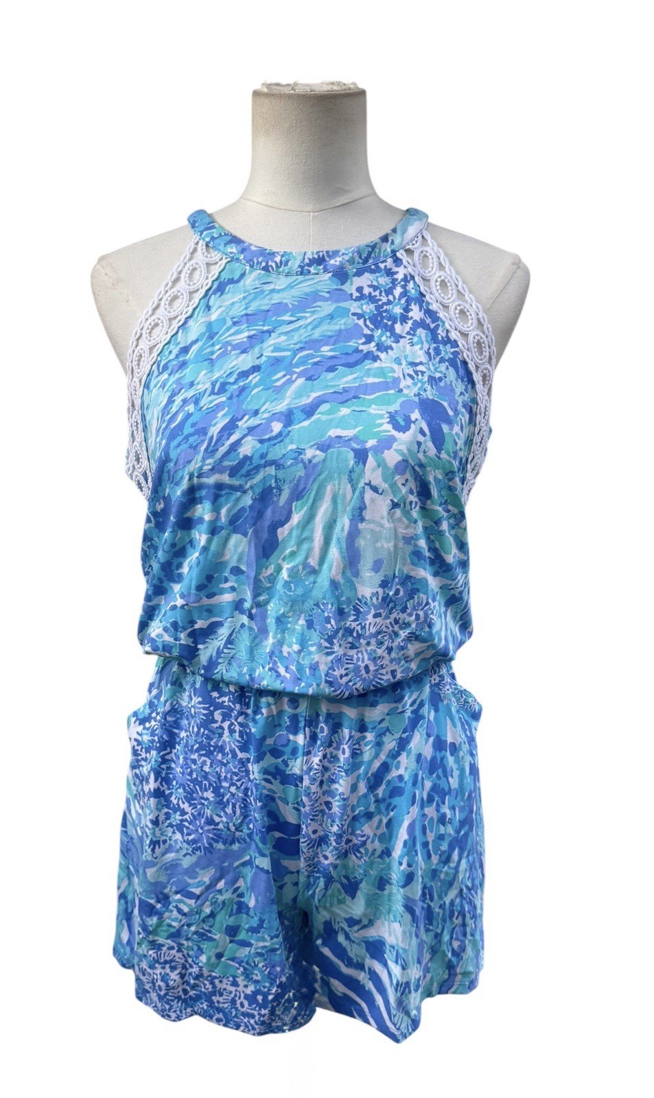 Lilly Pulitzer Lala Romper S NWT Hey Hey Soleil Blue Haven Lace $138