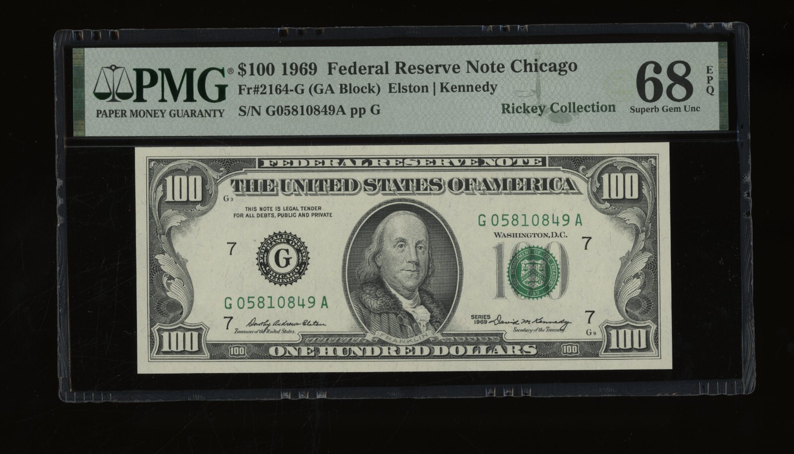 DBR 1969 $100 FRN Chicago Superb Gem Fr. 2164-G PMG 68 EPQ Serial G05810849A