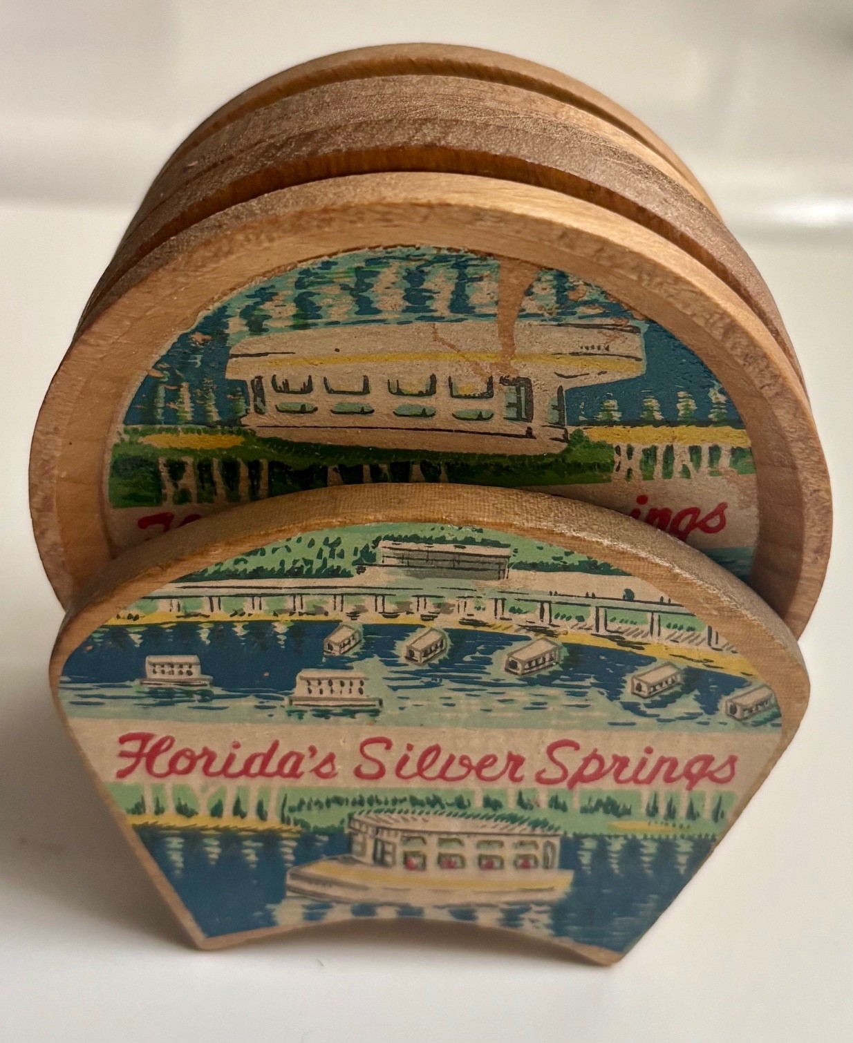 Vintage Silver Springs Florida Souvenir Wooden Coaster Set