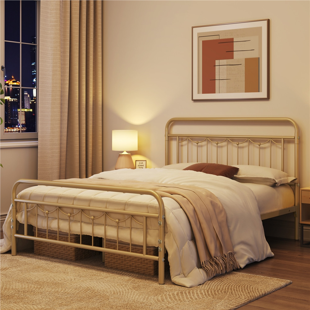 Full Modern Metal Platform Bed Antique Gold Steel 44