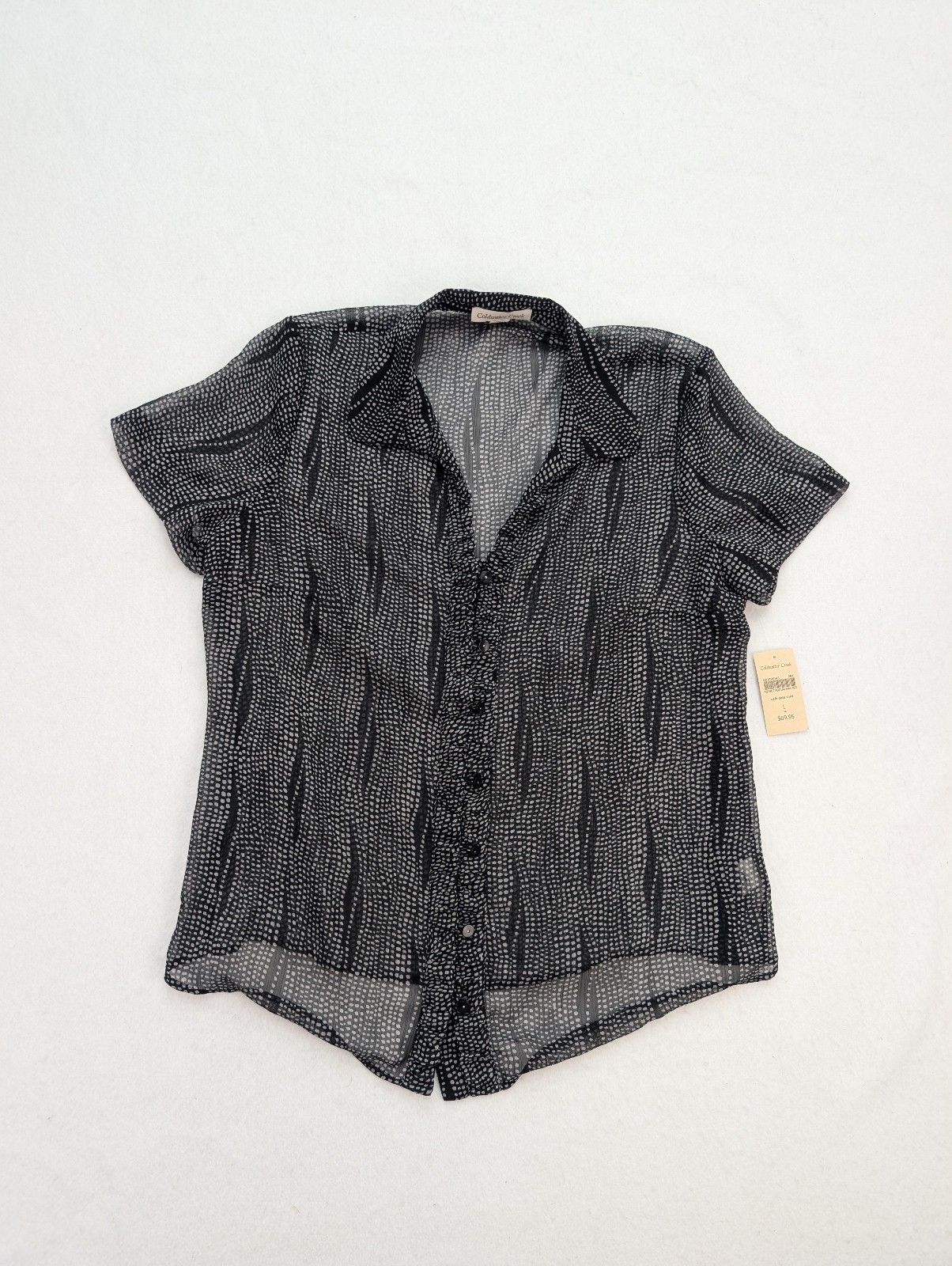 Coldwater Creek Women\'s Top Size L 14 Black Print Sheer Button-Up NEW