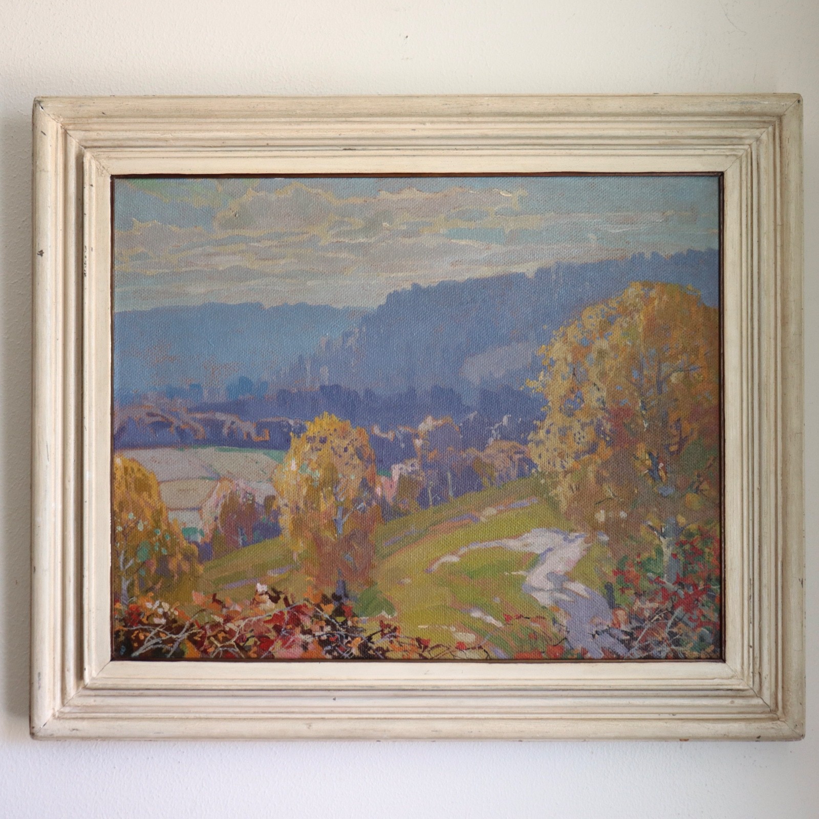 California Impressionist Oil Painting Mystery Artist Autumn Valley Landscape Vtg