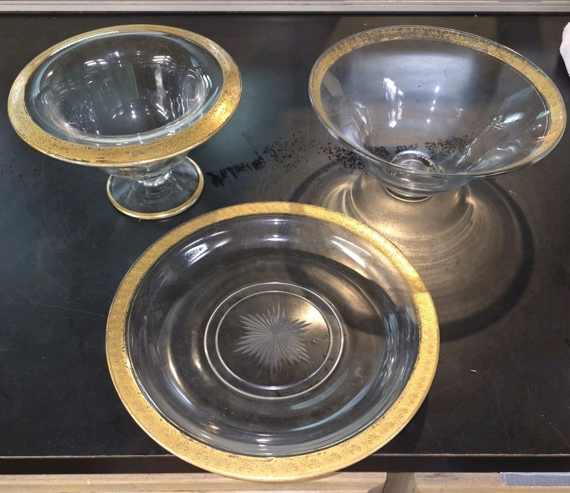 Vtg Tiffin Glass 22k Gold Encrusted Mayonnaise Compote Flared Centerpiece Bowl