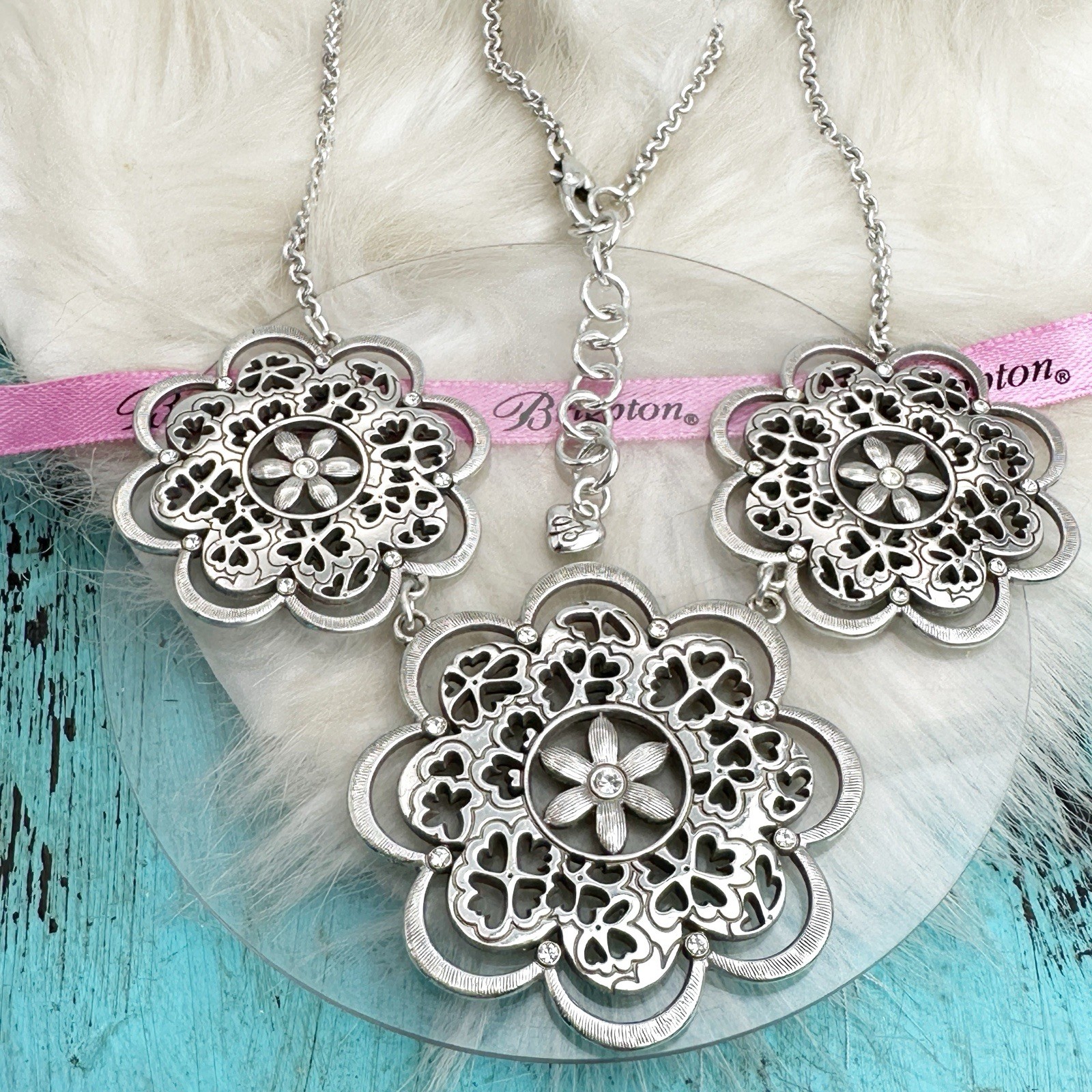 Brighton Adagio Triple Flower Reversible Necklace Bib Collar Silver Gold Plate