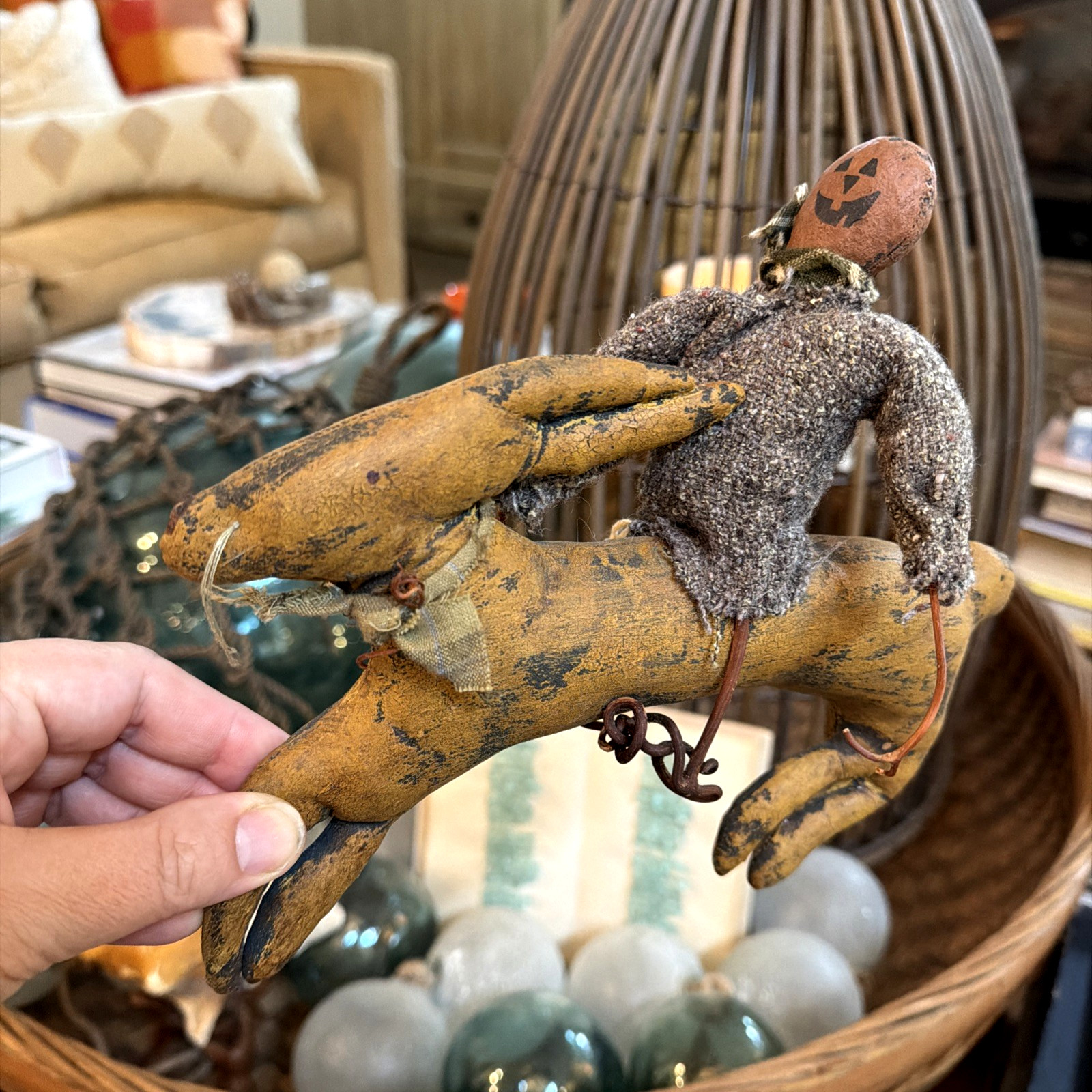 Primitive Folk Art Pumpkin Scarecrow Rider on Rabbit Doll Vintage Halloween OOAK