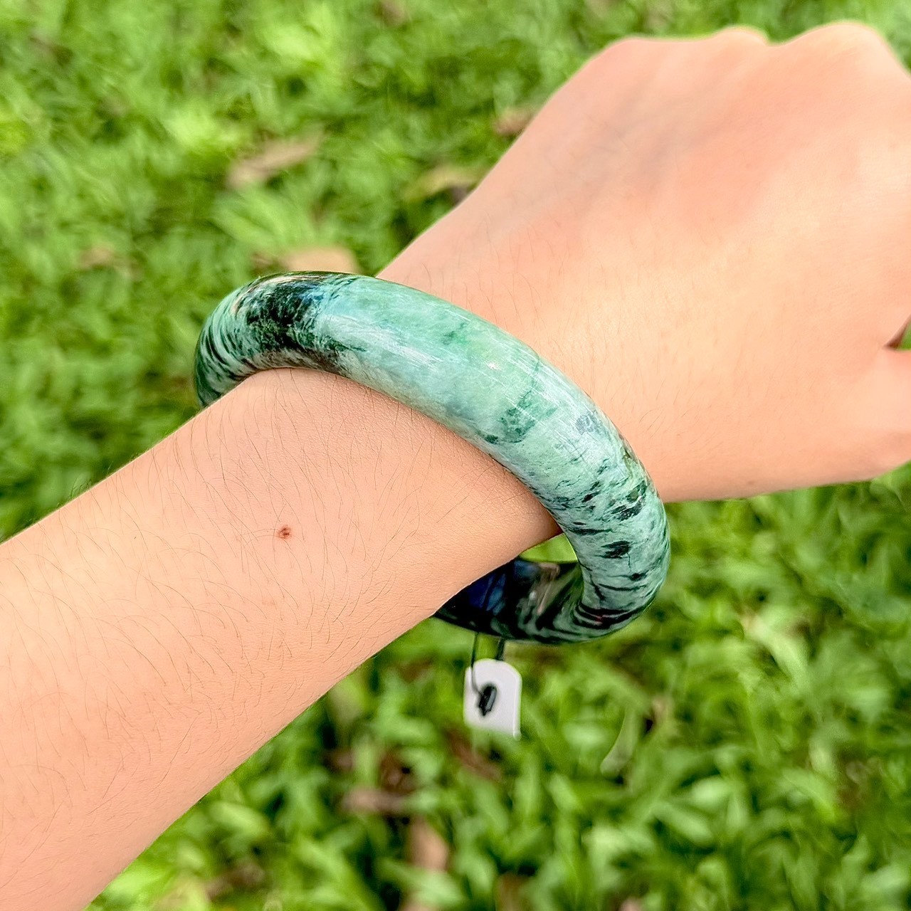 Natural Burmese Black Jadeite Bangle Bracelet Green Translucent Rare Pattern 61m