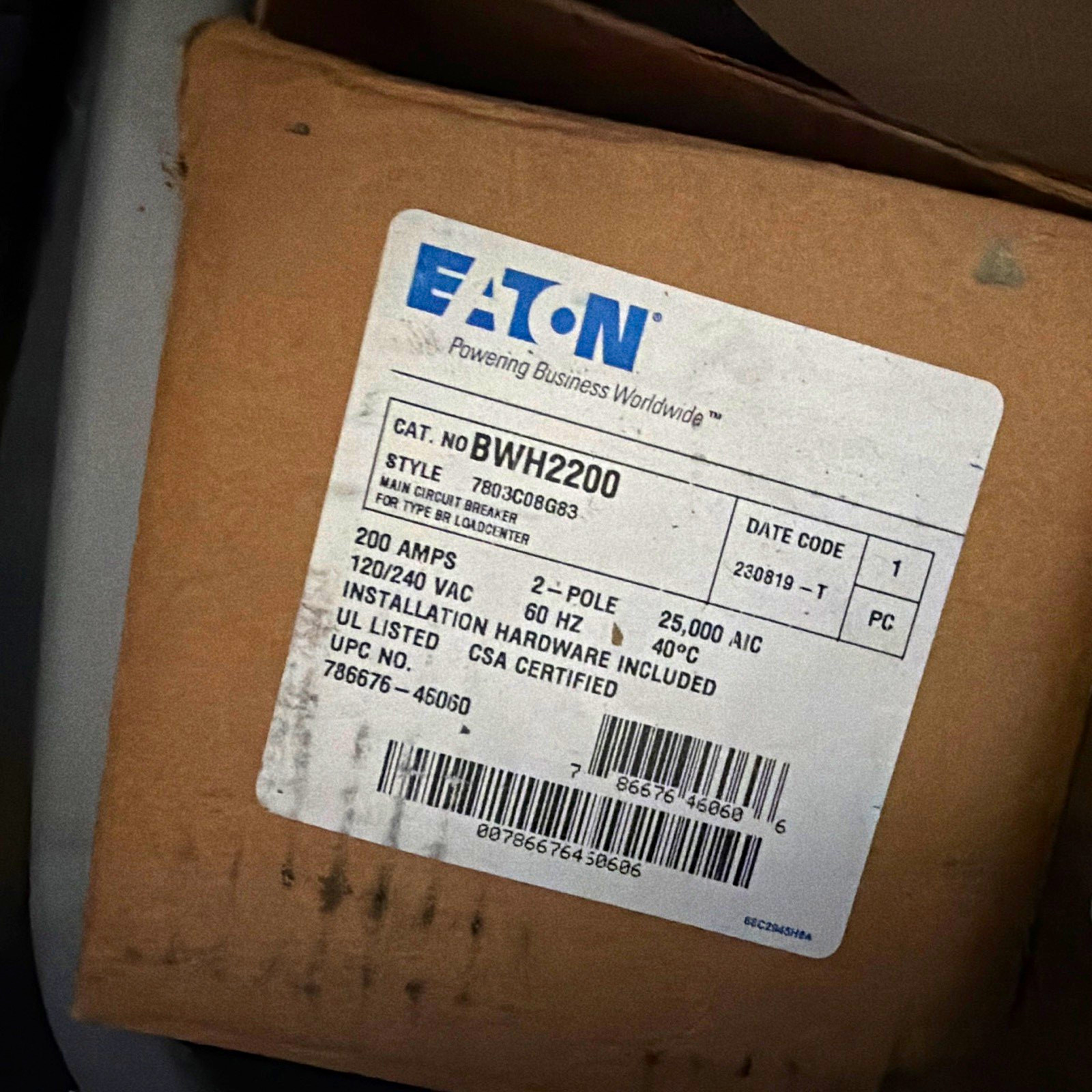 Eaton BWH2200 200A 2-Pole 120/240VAC AC Circuit Breaker Instantaneous Trip Eaton BWH2200 200A 2-Pole 120/240VAC AC Circuit Breaker Instantaneous Trip