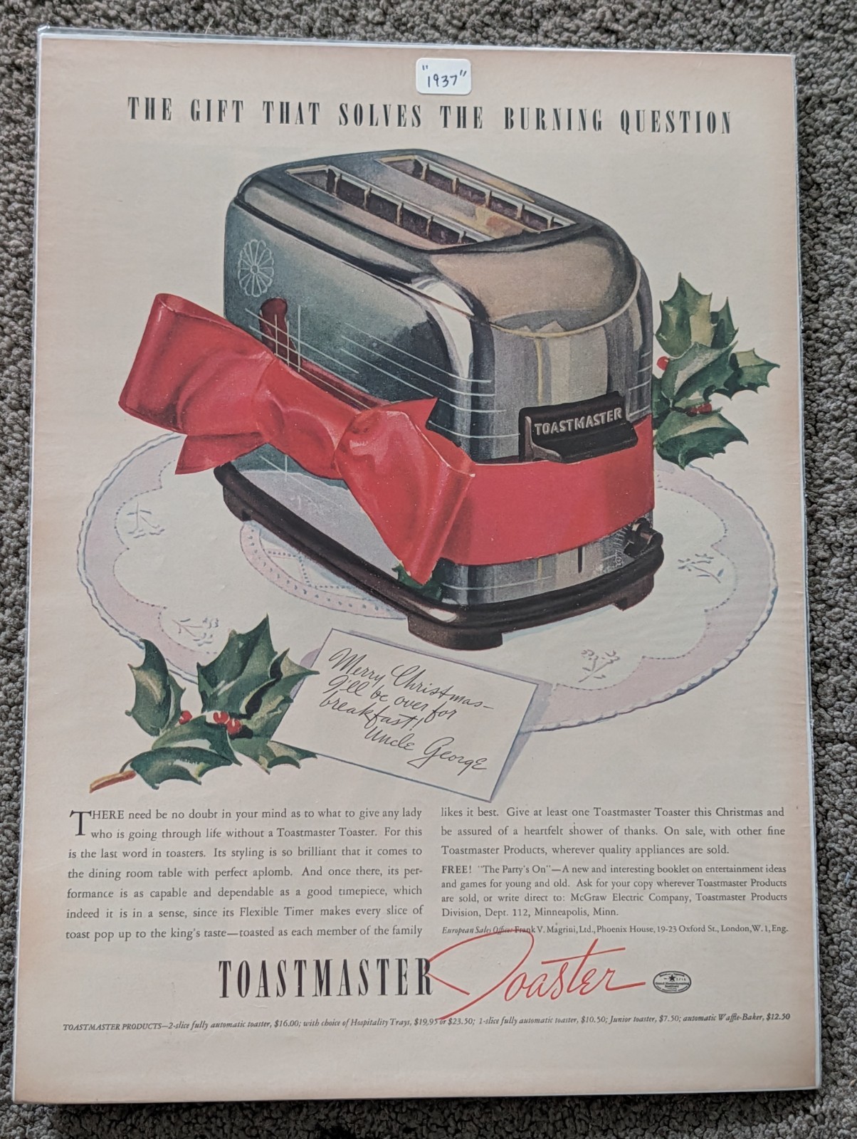 Vintage 1937 Toastmaster Toaster The Gift That Solves The Burning Question ad Vintage 1937 Toastmaster Toaster The Gift That Solves The Burning Question ad
