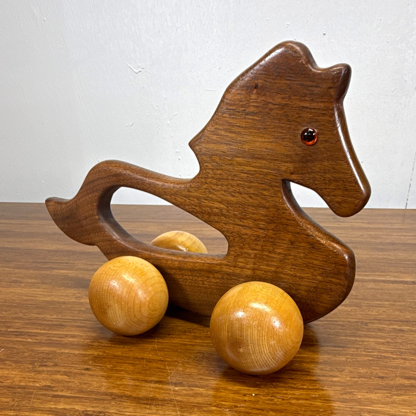 Vintage Wooden Horse Rolling Push Toy Solid Wood Ball Wheels Folk Art Decor Vintage Wooden Horse Rolling Push Toy Solid Wood Ball Wheels Folk Art Decor
