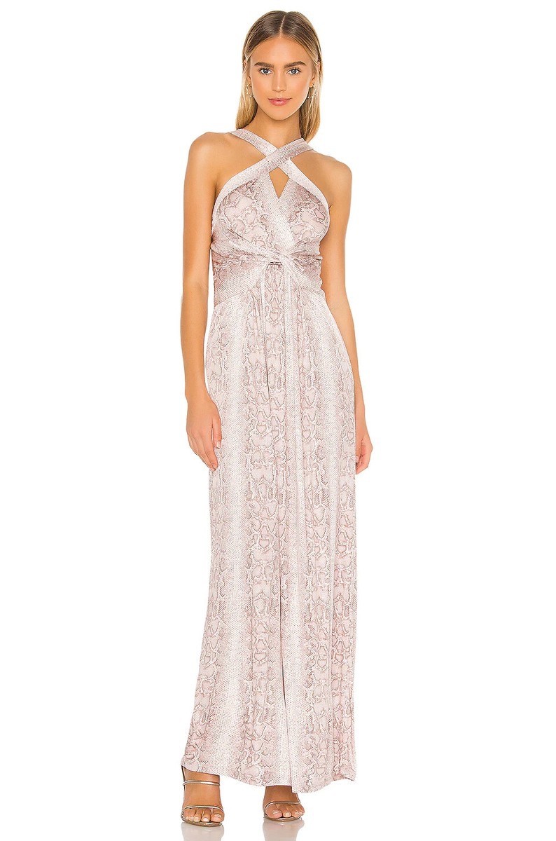 BCBG MAXAZRIA PYTHON CROSS-FRONT MAXI DRESS