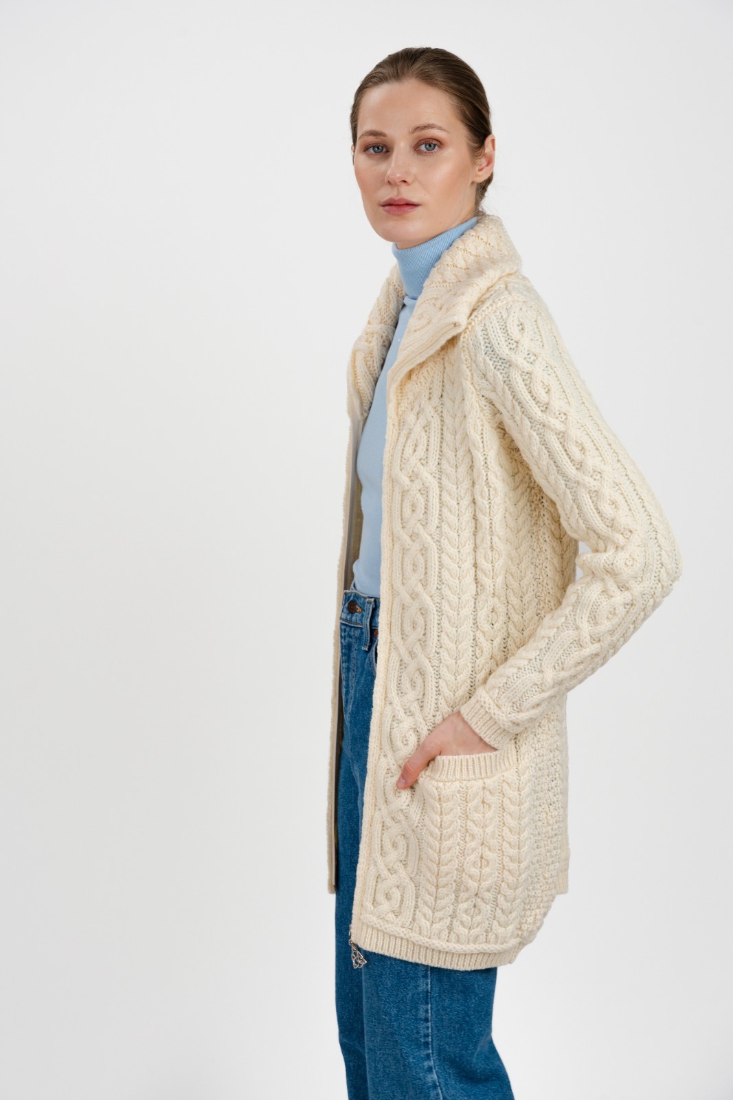 SAOL Irish Aran Zip Women\'s 100% Merino Wool Cardigan Sweater Coat with Pockets