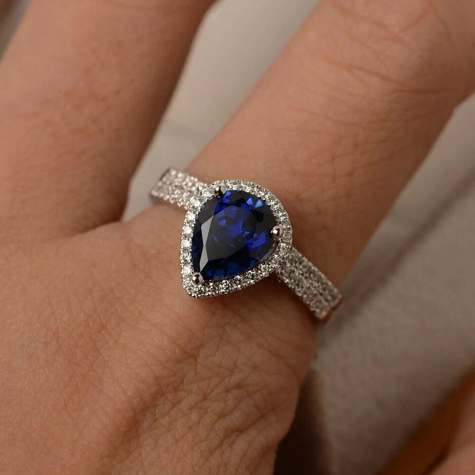 2.61 Ct Natural Sapphire Diamond Engagement Ring Set 14K Solid White Gold
