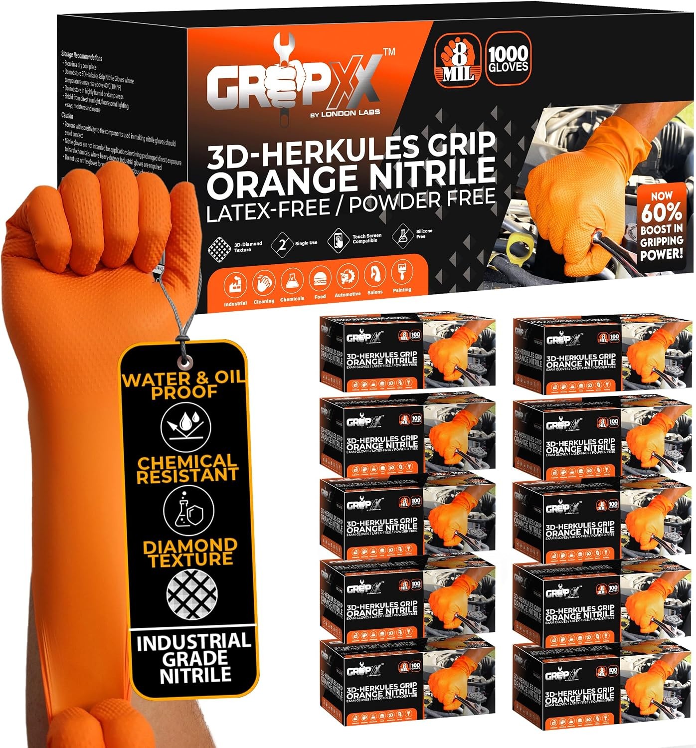 Herkules Grip Heavy Duty 8Mil Orange Nitrile Gloves XX-Large 1000ct Powder Free