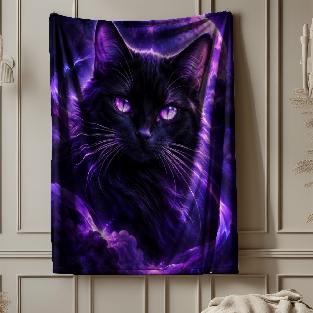 Mystical Black Cat Purple Moon Coral Fleece Blanket