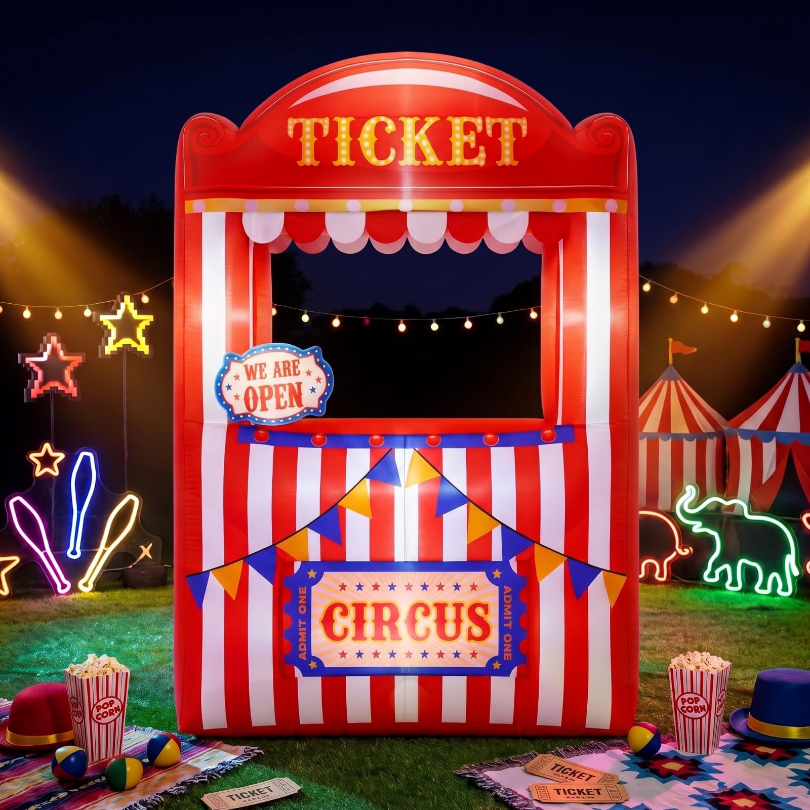 Soulchen 6 x 5 ft Inflatable Circus Ticket Booth Decor with Built in LEDs Red