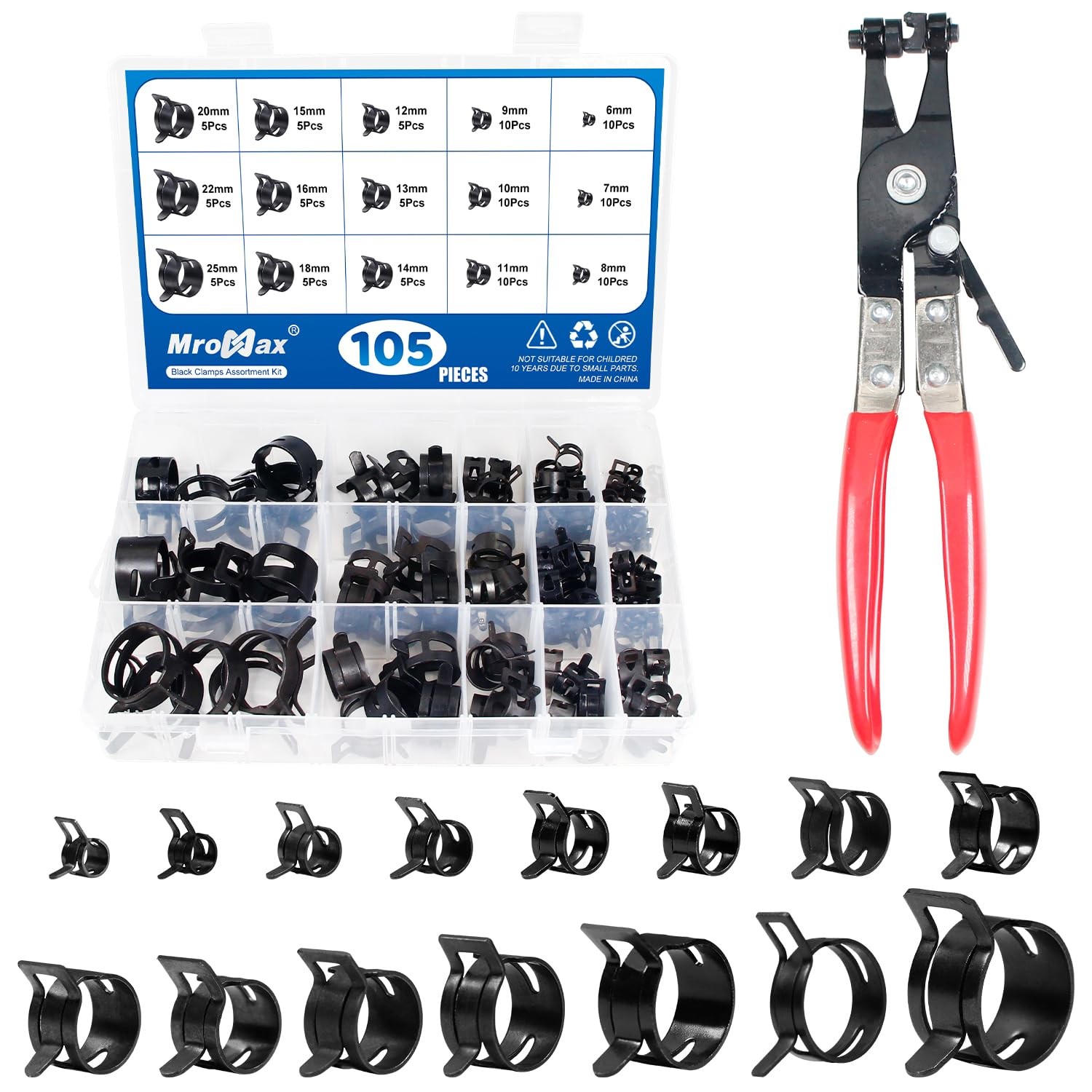 105Pcs 6-25Mm Spring Band Hose Clamp Assortment Kit with Hose Clamp Pliers, 15 S
