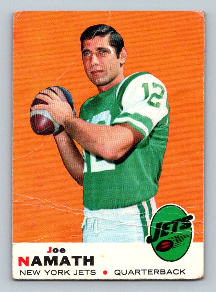 1969 Topps #100 Joe Namath – New York Jets – NFL HOF QB – Low Grade – Creases