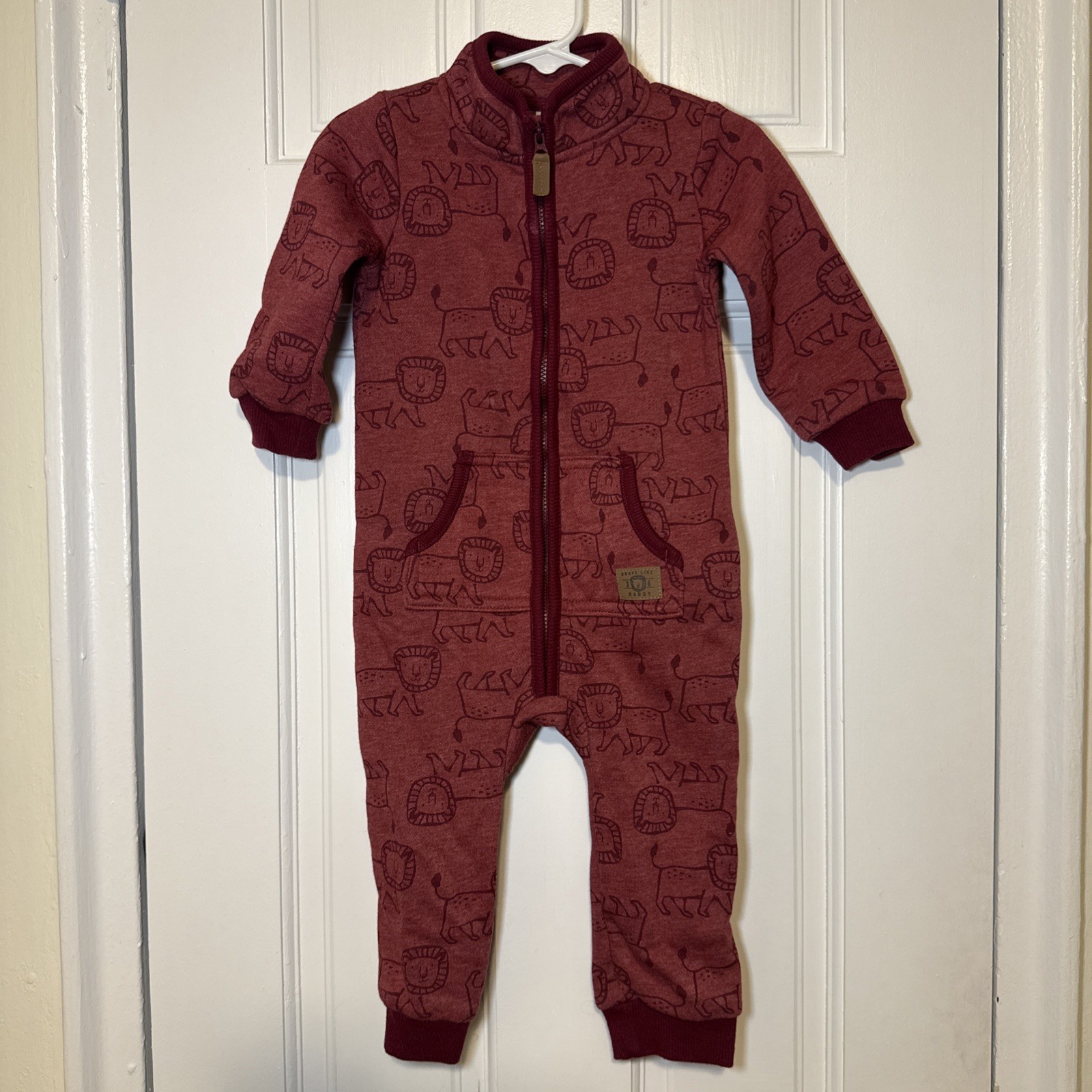 Carter’s Baby Boy Fleece Romper 18M Lion Print Full Zip One Piece Red
