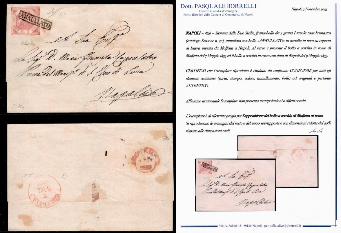 NAPLES 1858 - GRANA 2, 1^ board. RARE Molfetta stamp on the back. Certificate