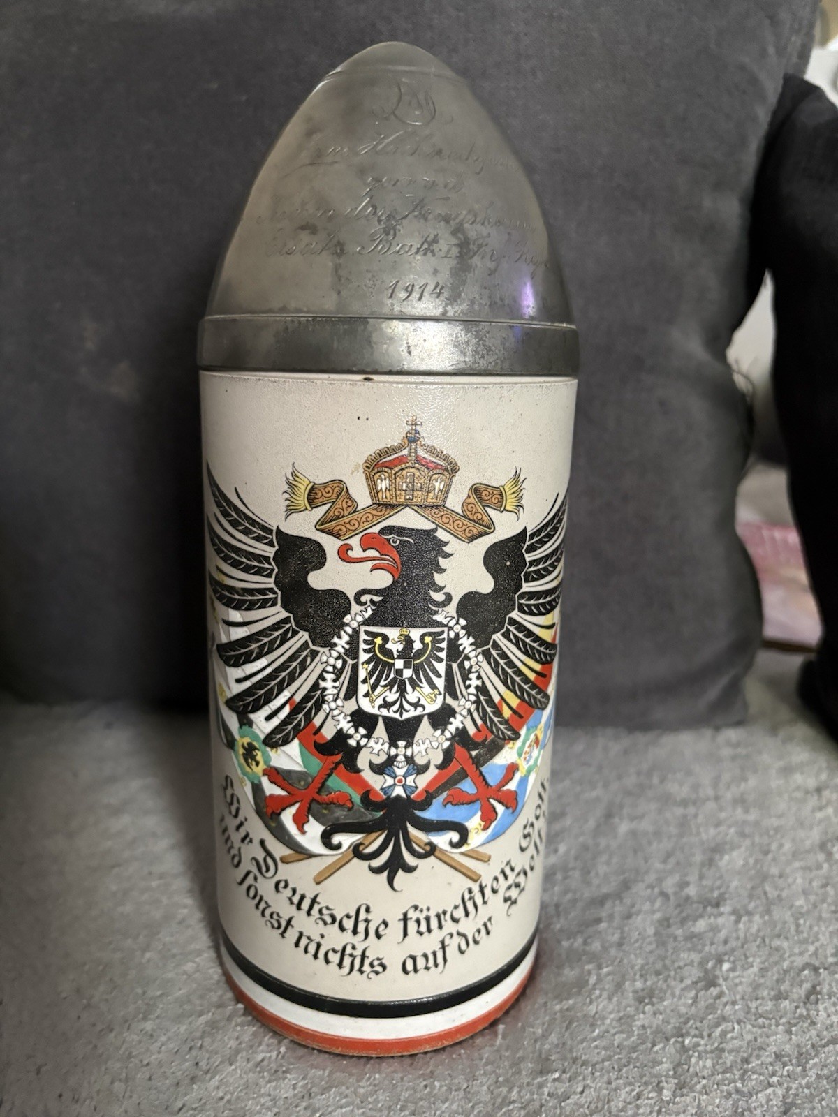 Antique German Military 1L Beer Stein 1914 Pewter Helmet Lid Iron Cross Eagle Antique German Military 1L Beer Stein 1914 Pewter Helmet Lid Iron Cross Eagle