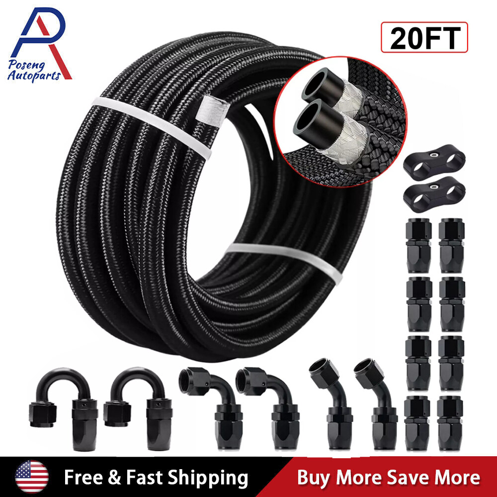 10/20FT 6AN 8AN 10AN 12AN CPE Braided Nylon Fuel Line Kit Fuel Hose End Fittings