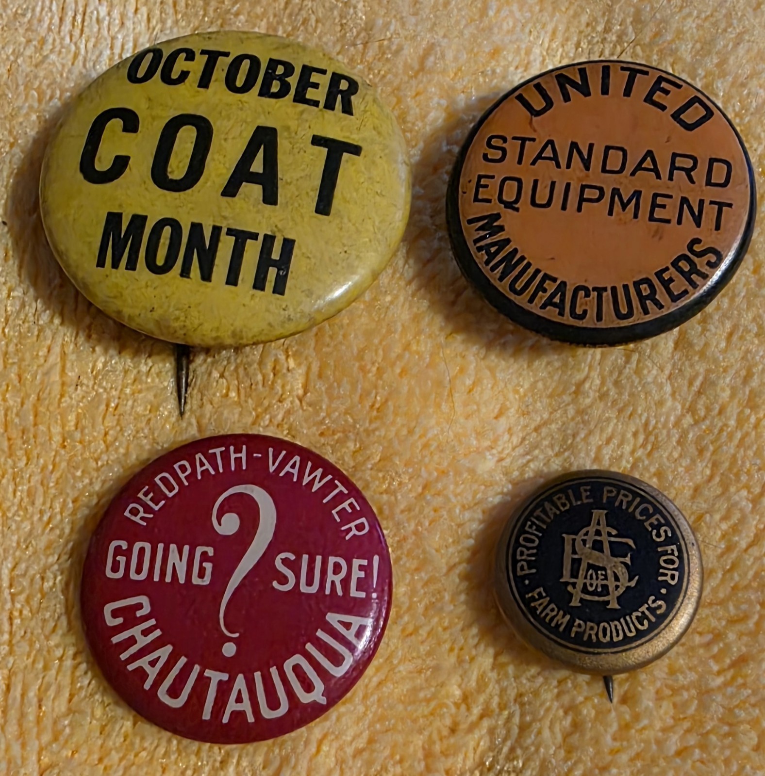 Lot of 4 Antique Celluloid Pinback Buttons Redpath Chautauqua Farm Equity Coat