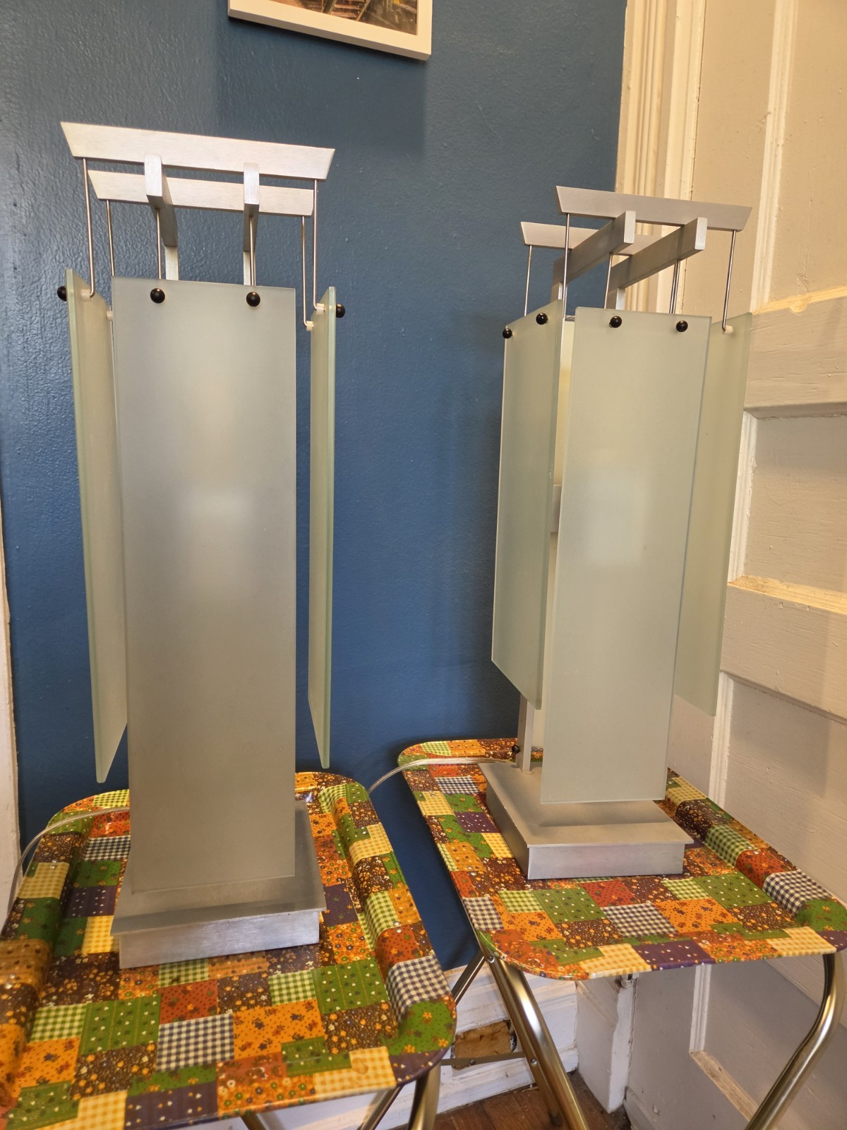 George Kovacs Post Modern Architectural Aluminum And Glass Table Lamps Pair