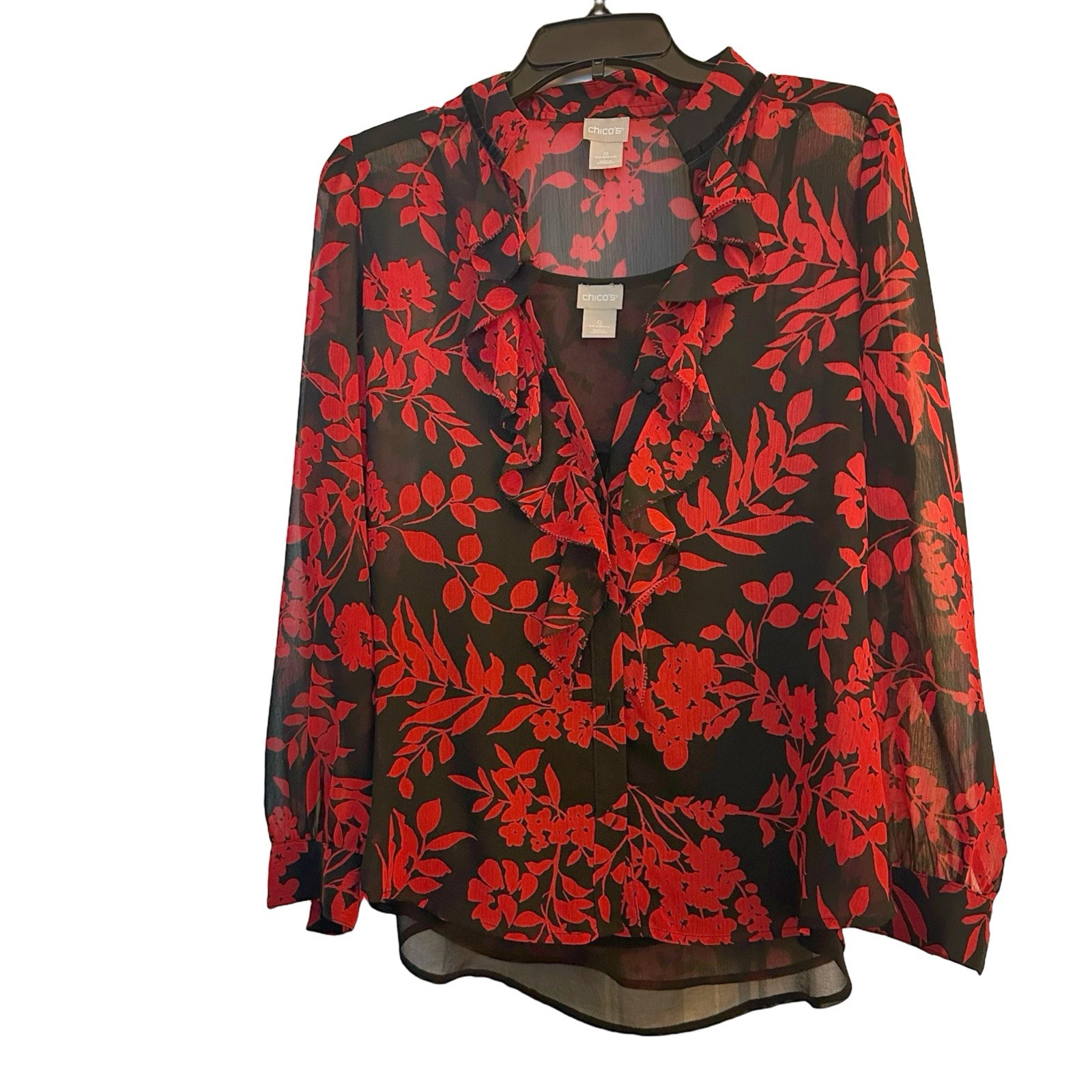 Chico\'s Red & Black Semi-Sheer Chic Blouse With Optional Attached Black Tank Top