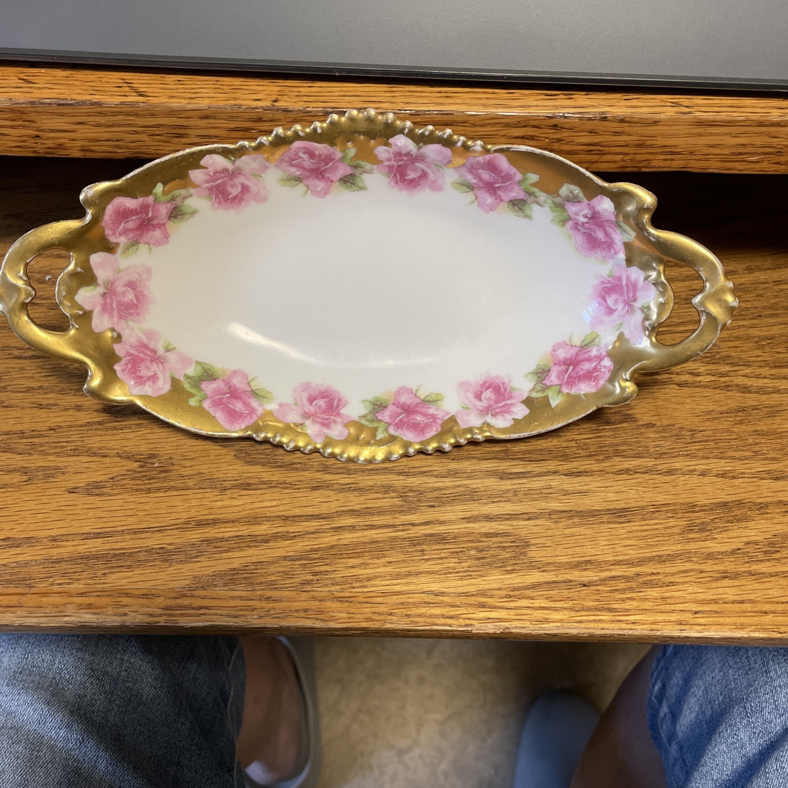 ANTIQUE PORCELAIN RELISH DISH ROSES GOLD ACCENTS 9\ ANTIQUE PORCELAIN RELISH DISH ROSES GOLD ACCENTS 9\