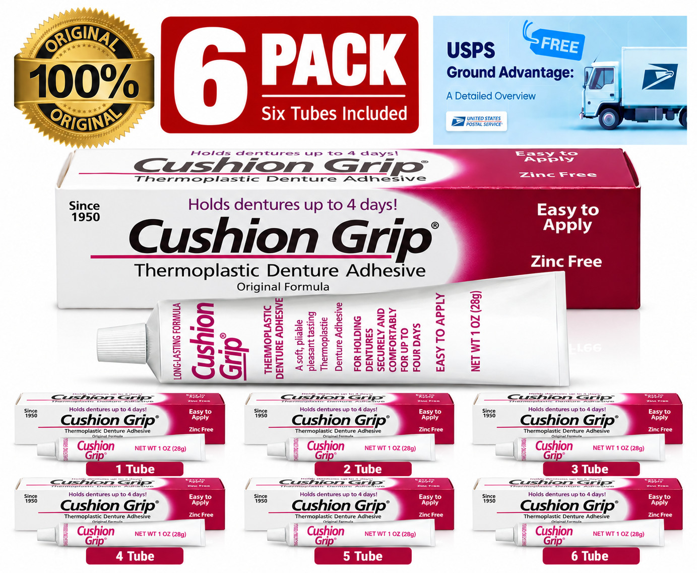 Cushion Grip Thermoplastic Denture Adhesive 1 oz, 6 Pack