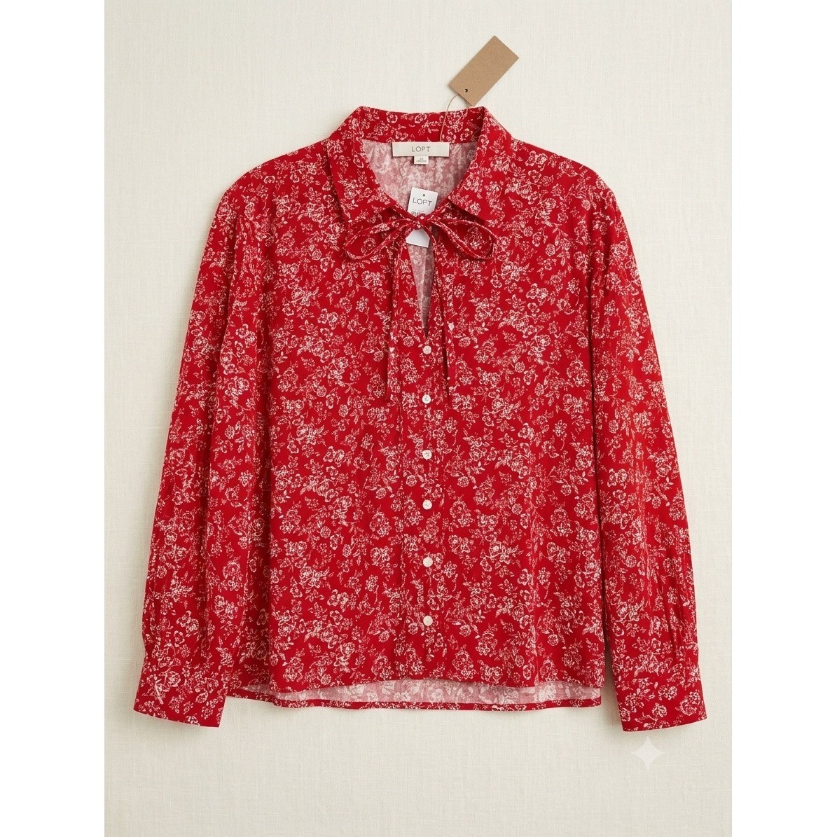 Loft Red Floral Tie Neck Button Down Blouse Long Sleeve Top NWT Size L Loft Red Floral Tie Neck Button Down Blouse Long Sleeve Top NWT Size L