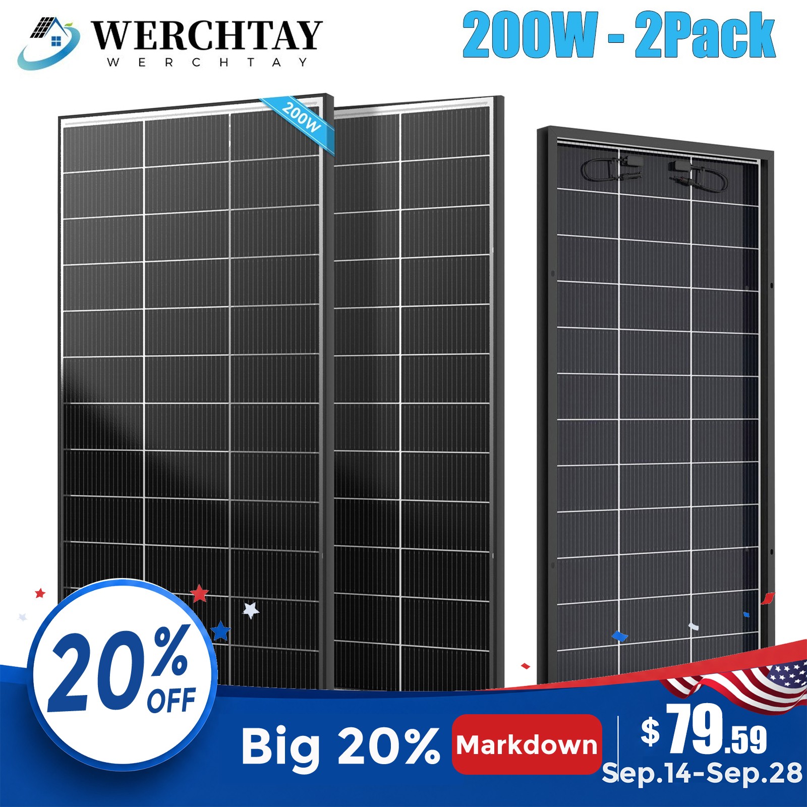 Werchtay 400W (200W*2) Bifacial Solar Panel N-Type Mono 18BB Roof RV Off-Grid RV