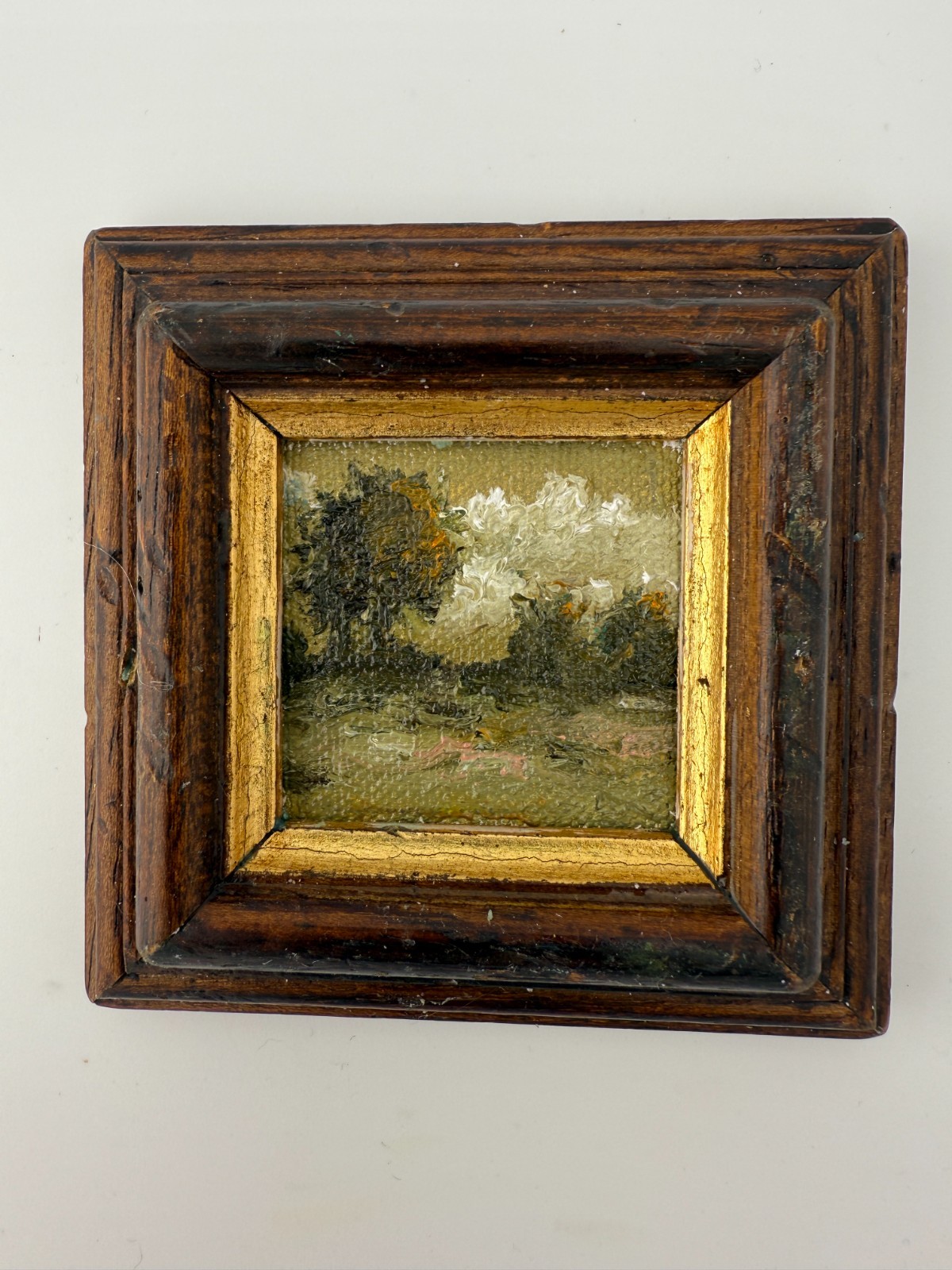 ORIGINAL landscape mini painting in handmade vintage style ornate frame