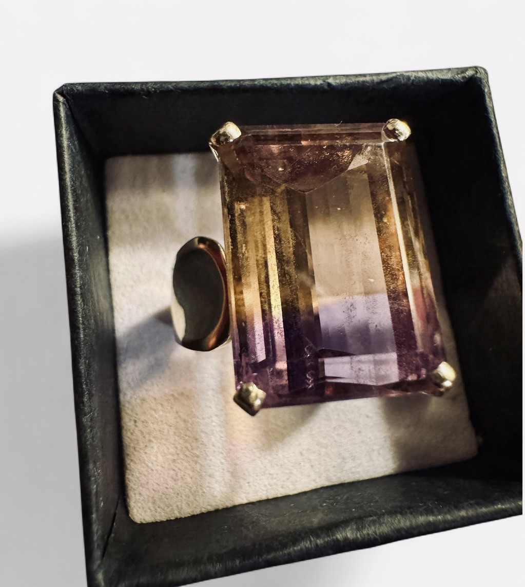 14k Yellow Gold 6 Carat Faceted Emerald Cut  Ametrine Ring Sz 9 VTG 8.5 Gr VTG