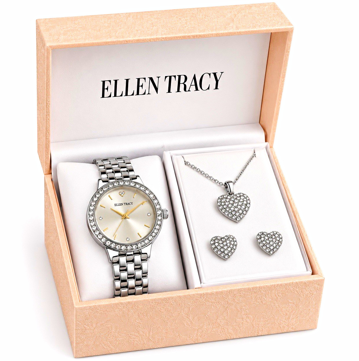 Ellen Tracy Silver-Tone Crystal Bezel Bracelet Watch Heart Jewelry Set Box Ellen Tracy Silver-Tone Crystal Bezel Bracelet Watch Heart Jewelry Set Box