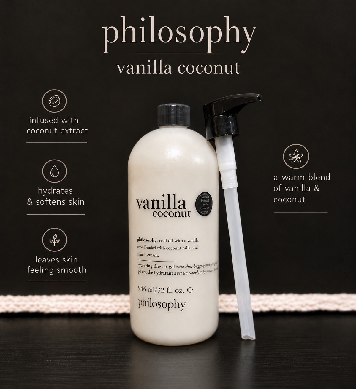 Philosophy Vanilla Coconut Hydrating Shower Gel 32 oz w/ Pump Jumbo Size